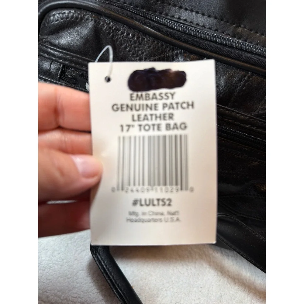 Embassy Tote Bag Unisex 17 Inch Black Genuine Patch Leather Duffle LULTS2 NWT